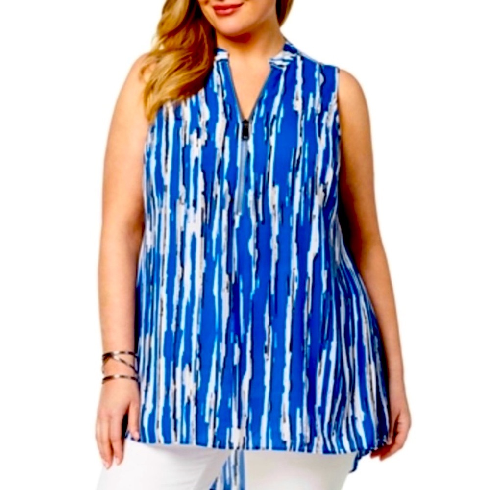 NEW Alfani Women’s Printed Zipper Neck Sleeveless Blue Top